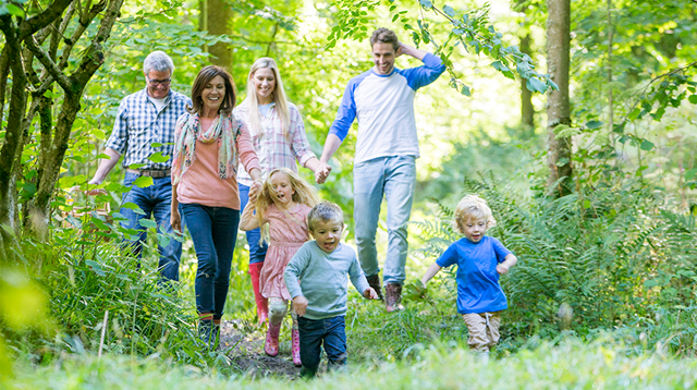 A three generation family are out for a walk in the forest